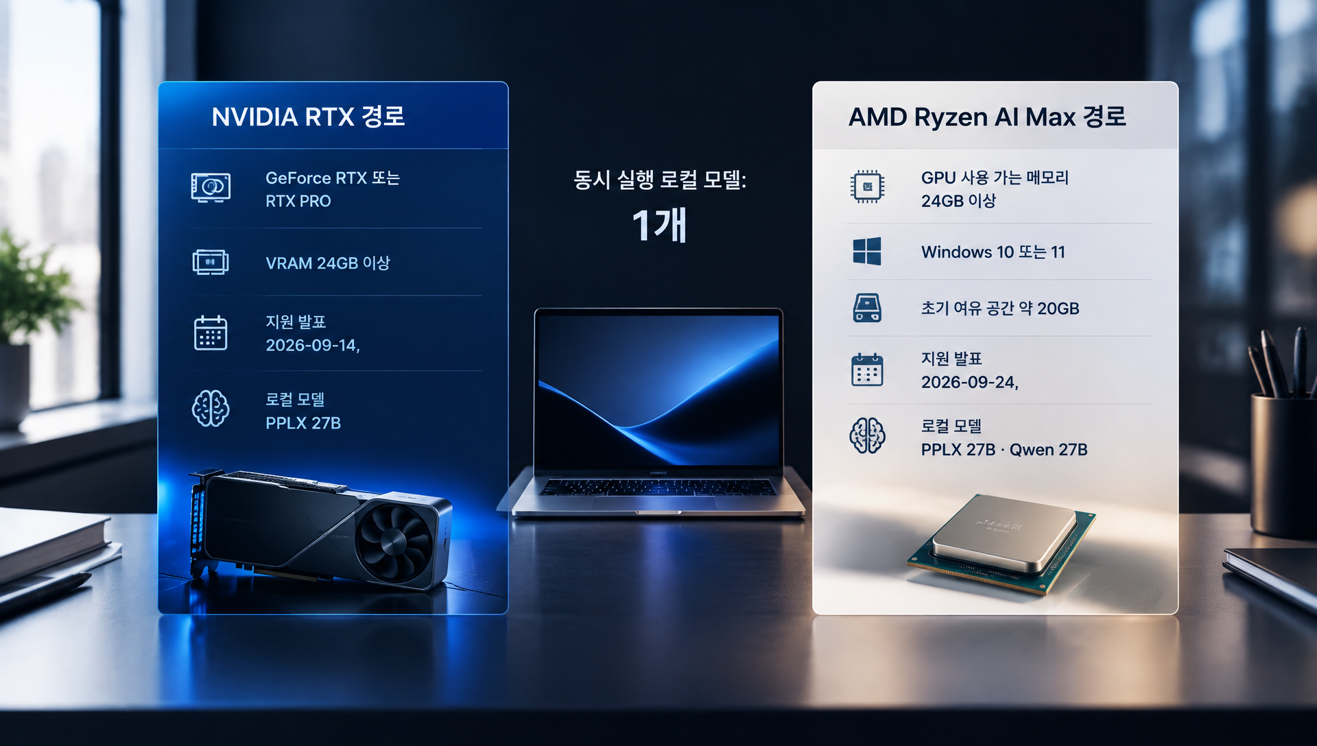 NVIDIA RTX와 AMD Ryzen AI Max 로컬 AI PC 지원 조건 비교 표