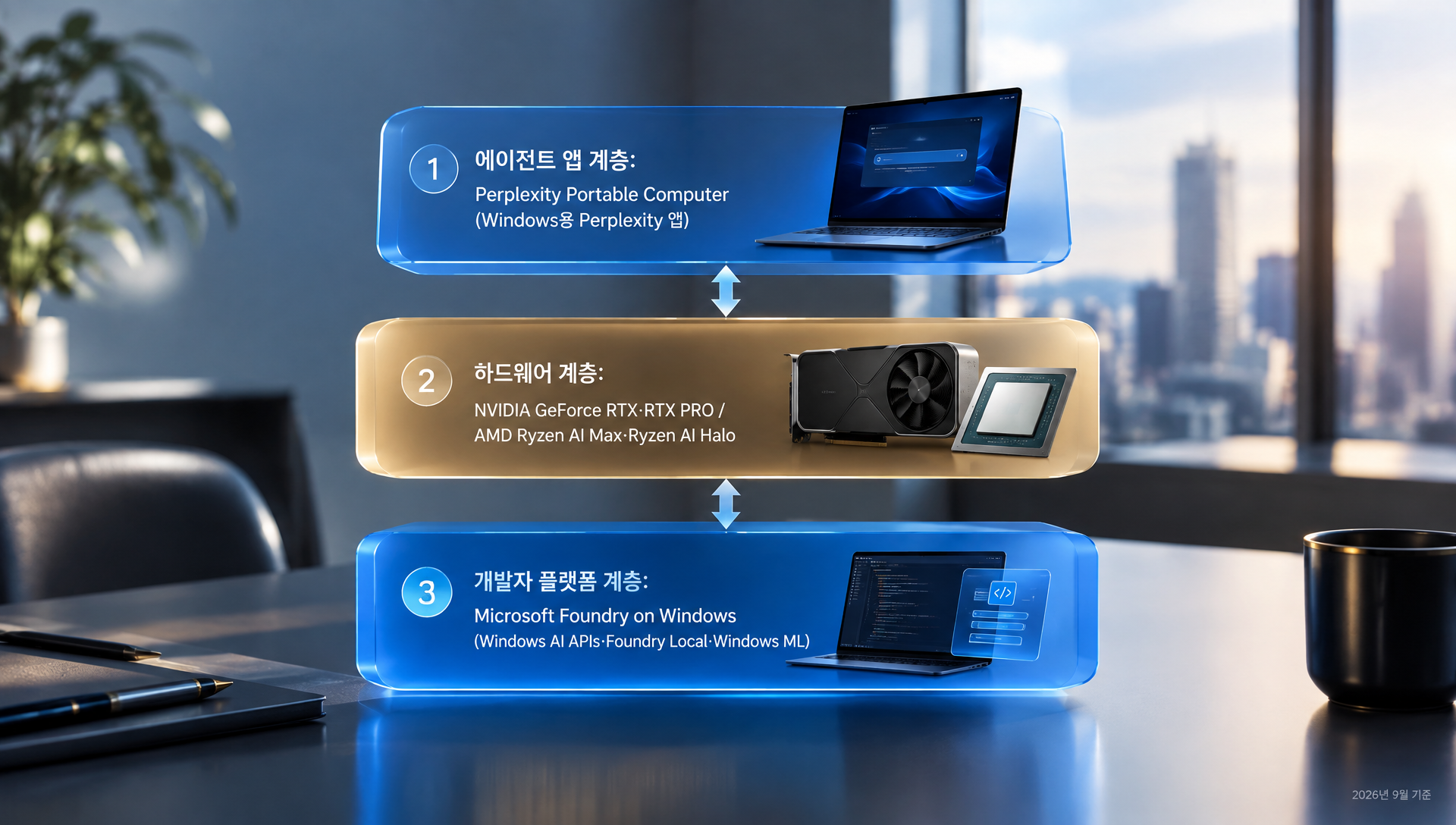 AI 에이전트 PC 시장의 앱, 하드웨어, 개발 플랫폼 세 계층 구조