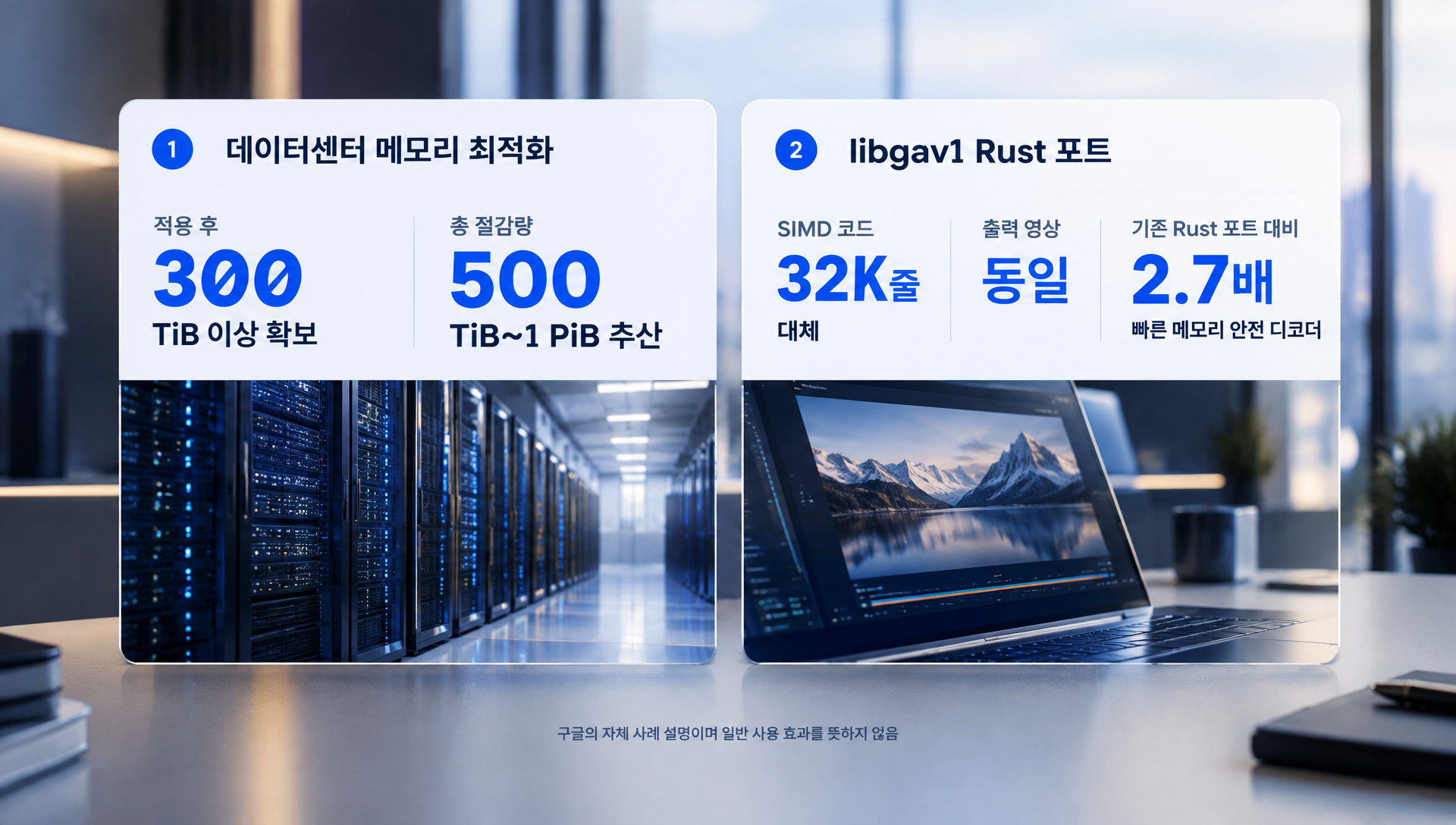 구글 내부 사례인 데이터센터 메모리 최적화 결과를 보여주는 차트