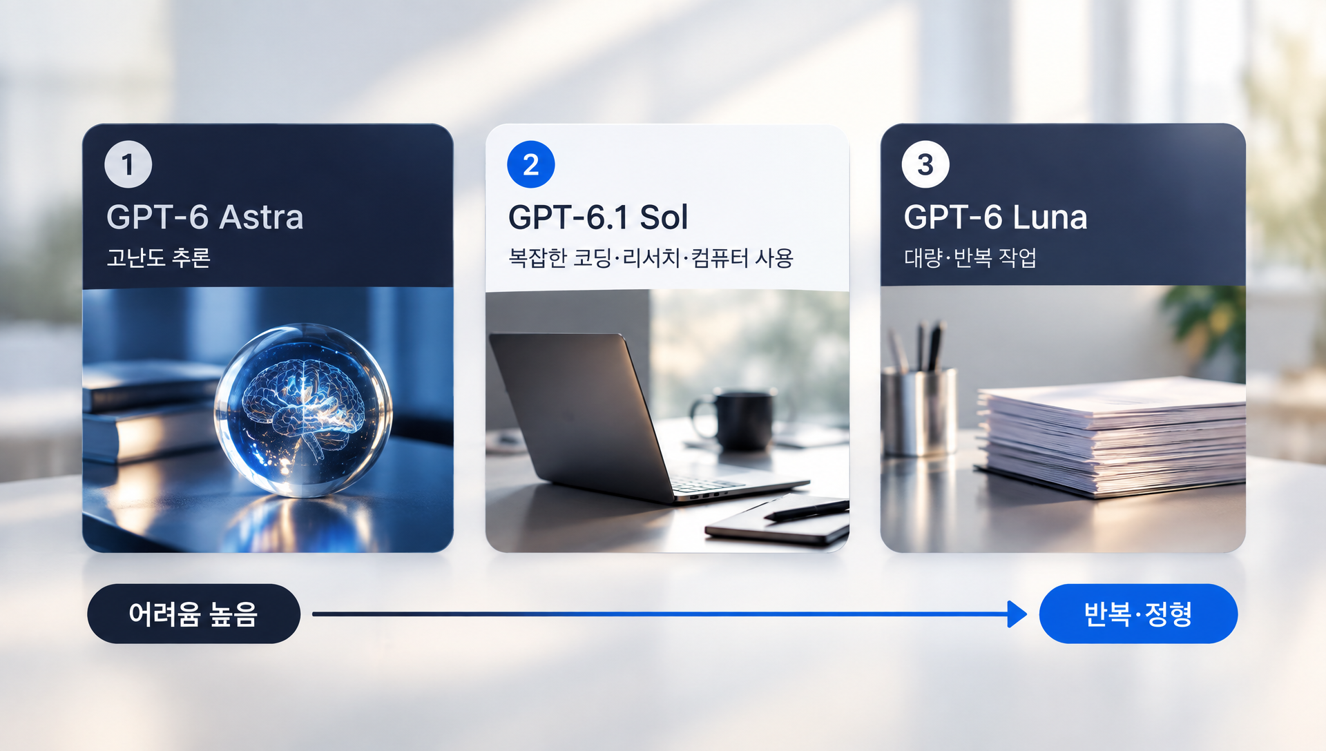 GPT-6 세 모델 Astra, Sol, Luna의 용도와 특징을 설명하는 비교 표