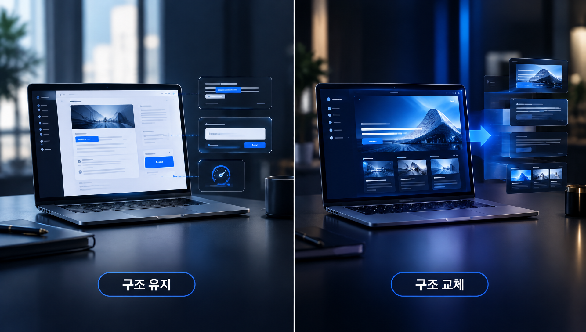 홈페이지 리뉴얼 vs 부분 수정 판단 기준을 비교하는 5가지 체크리스트 다이어그램