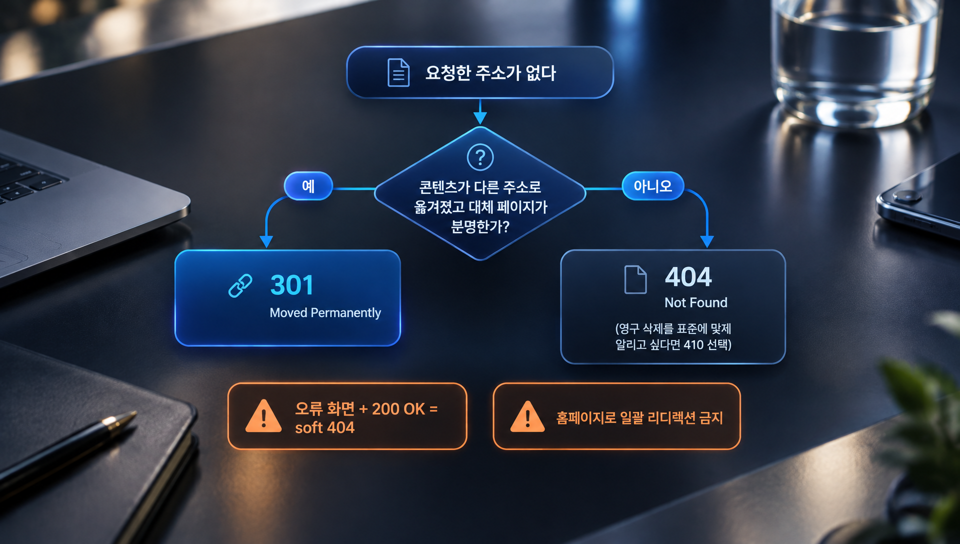 HTTP 상태 코드 404, 410, 301의 쓰임새와 soft 404 발생 시나리오를 설명하는 표