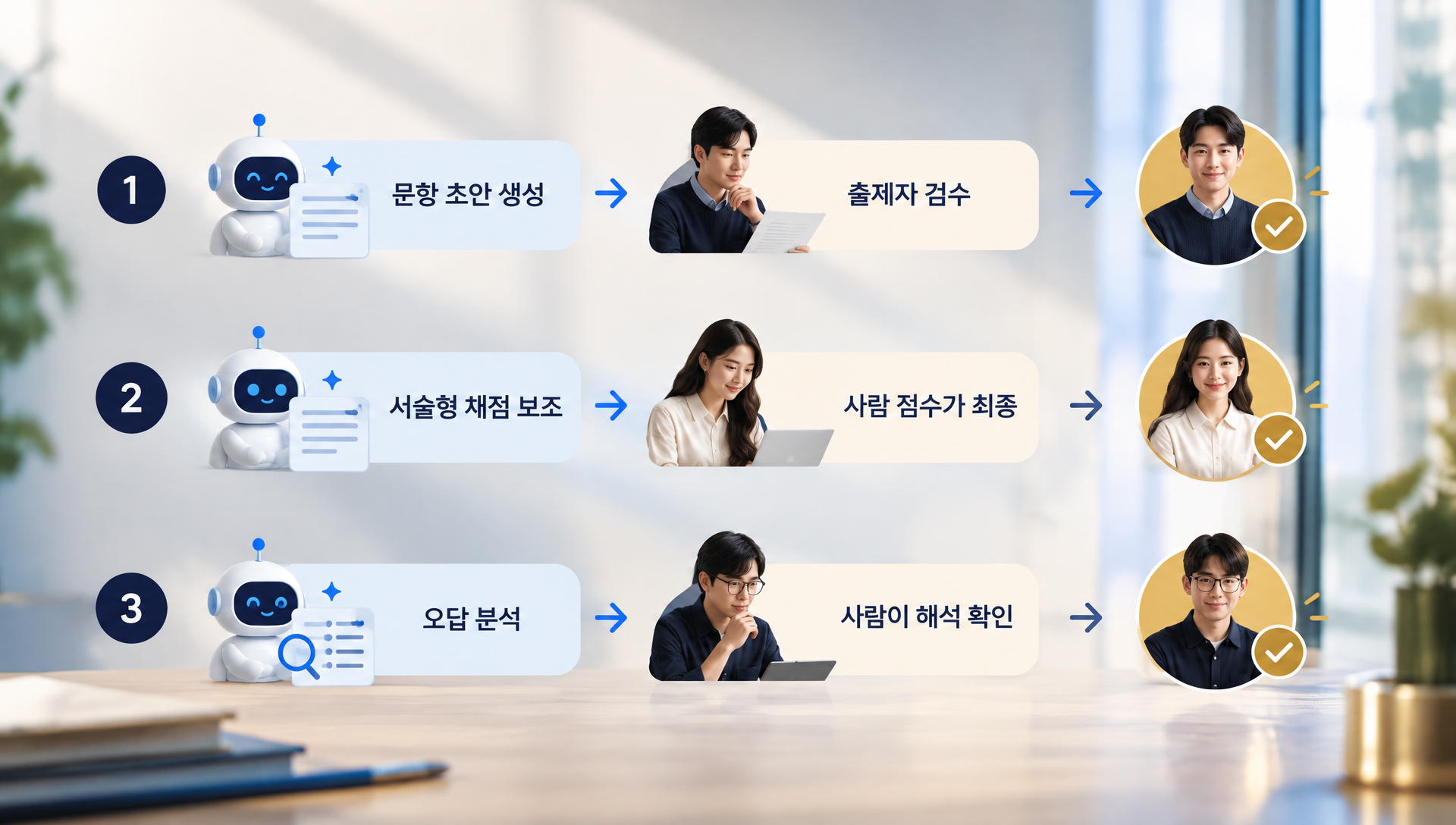 우리 시험에 맞는 CBT 구성 선택 순서: 시험성격, 장소, 문제은행, 안전망, AI