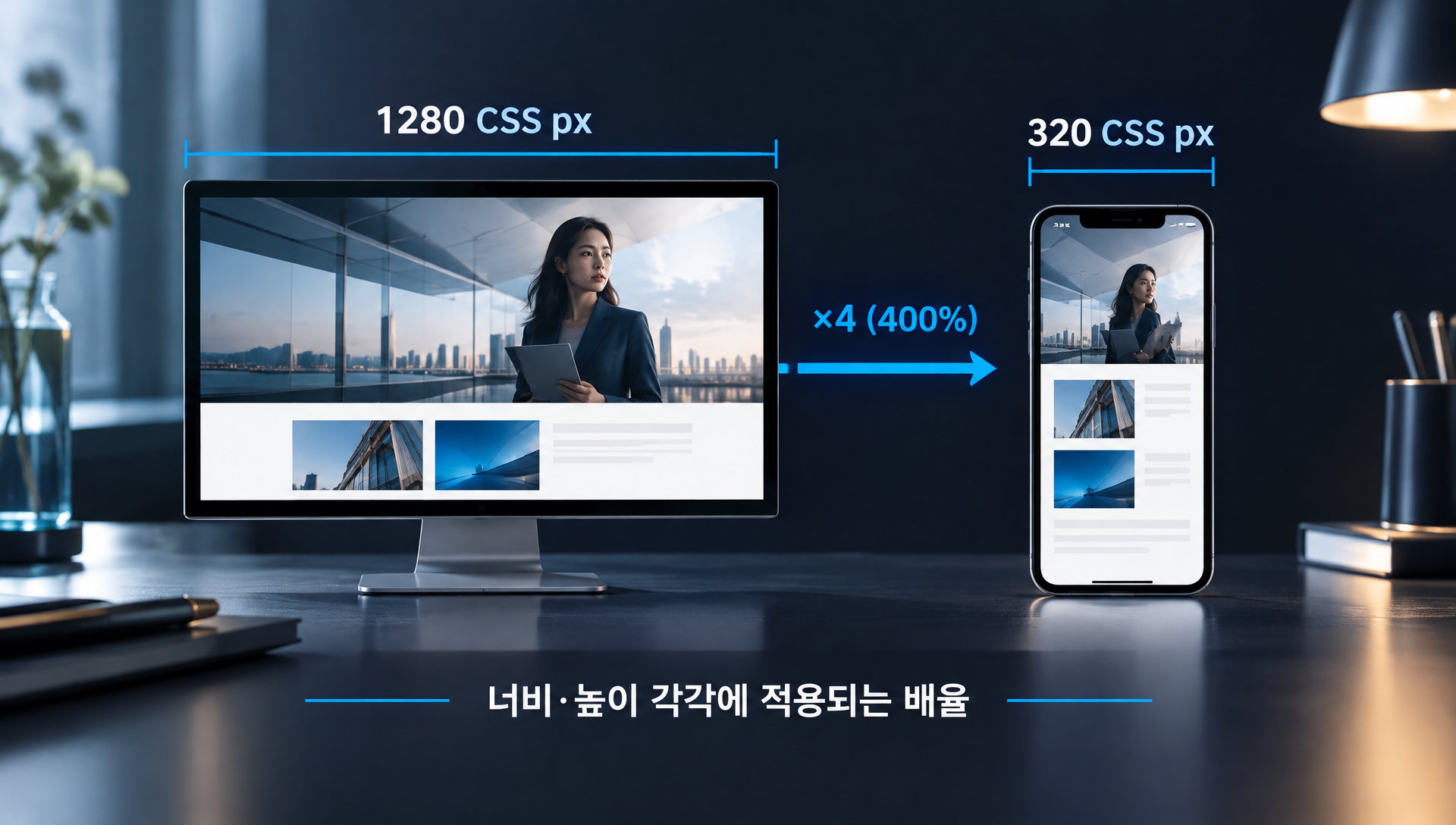 1280 CSS 픽셀 폭을 400% 확대했을 때 320 CSS 픽셀 뷰포트에 대응하는 상황을 설명하는 다이어그램