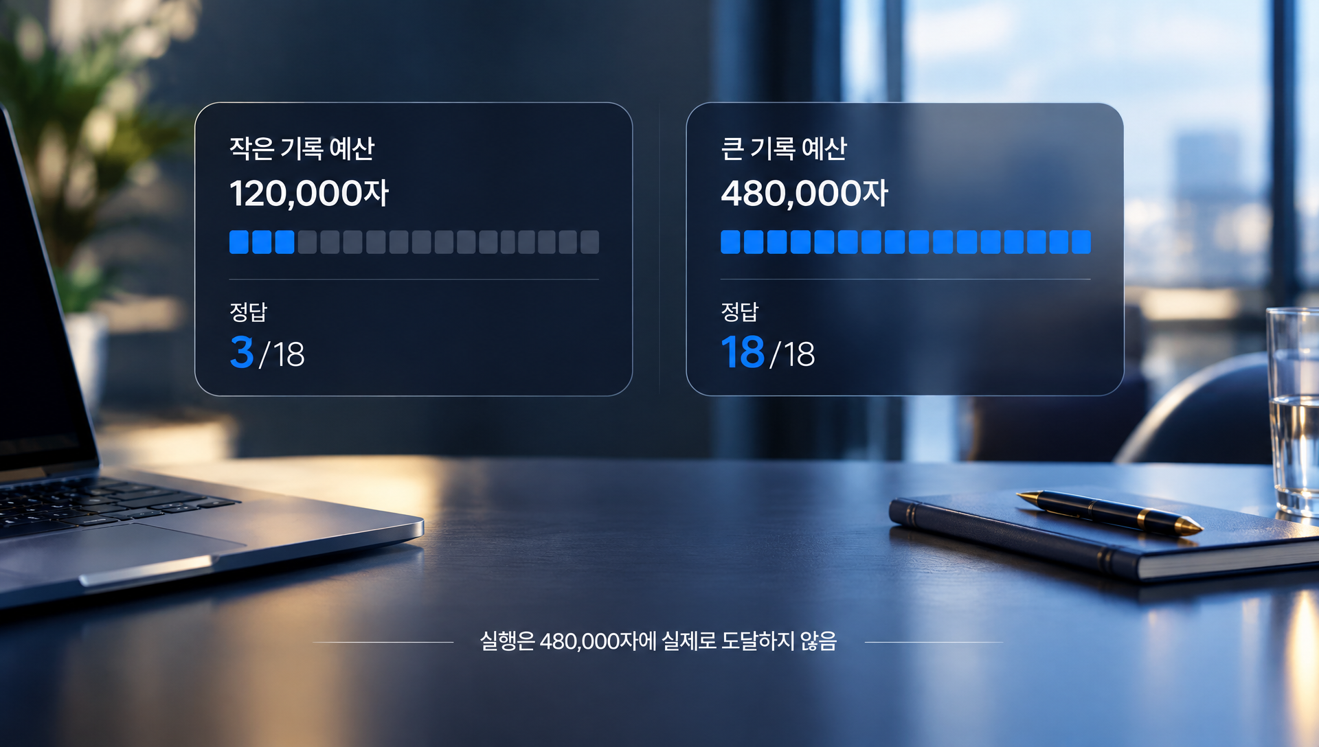 기록 예산 크기에 따른 정답 응답률 변화, 120,000자 vs 480,000자 결과 표시
