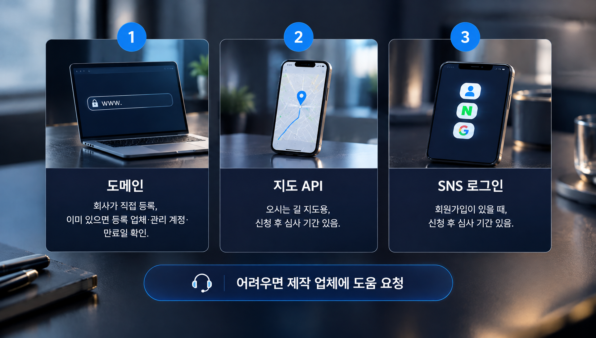 도메인, 지도 API, SNS 로그인 등 제작 초기 사전 신청 항목을 정리한 체크리스트