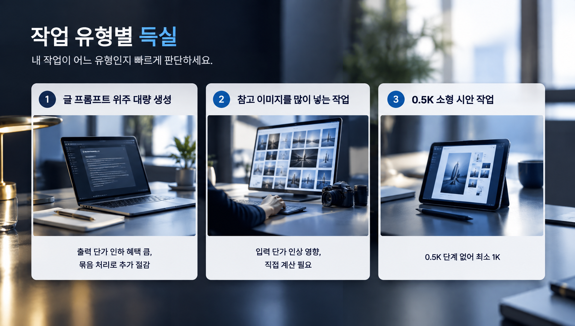프롬프트 위주 작업, 참고 이미지 다중 합성, 소형 시안 작업별 영향도 분석